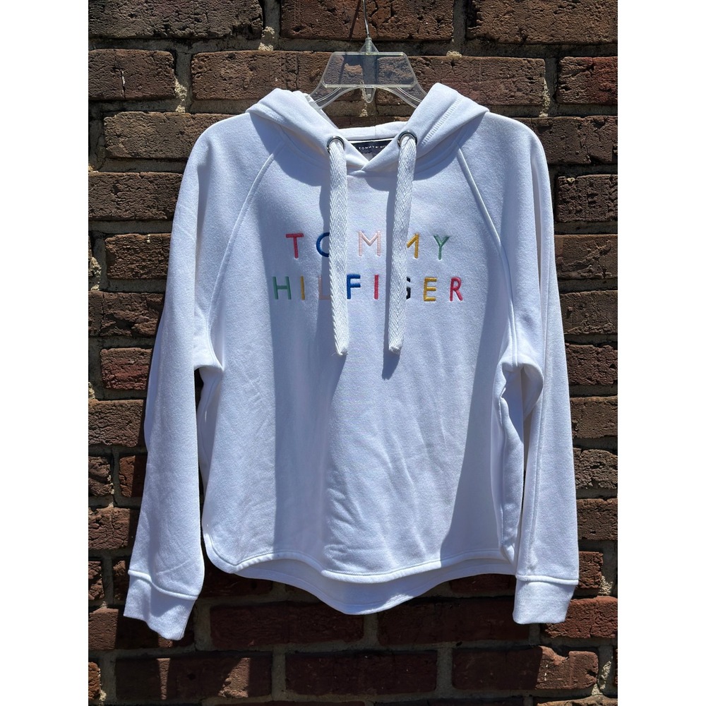 Tommy Hilfiger Sz S Cropped Pullover Hoodie White Rainbow Logo Sporty Oversized